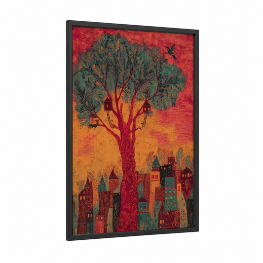 Crimson Banyan Tree framed art print — black wood frame — red and gold palette