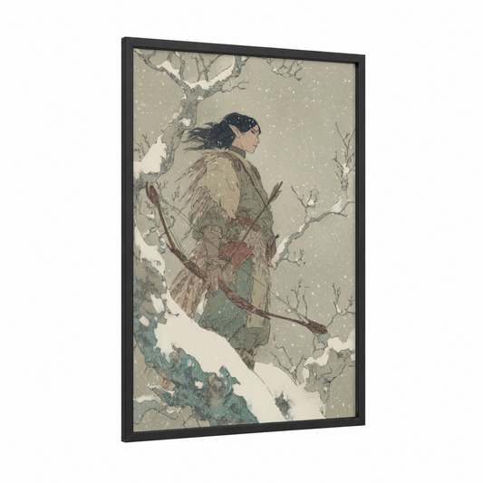 Winter Archer Elf framed art print — black wood frame — beige and sage green palette