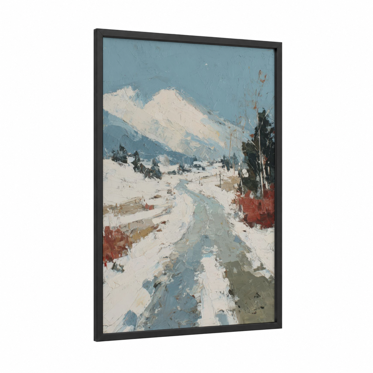 Snowy Mountain Vista framed winter print — black wood frame — blue and white palette