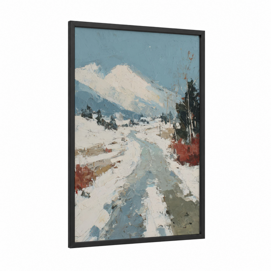 Snowy Mountain Vista framed winter print — black wood frame — blue and white palette