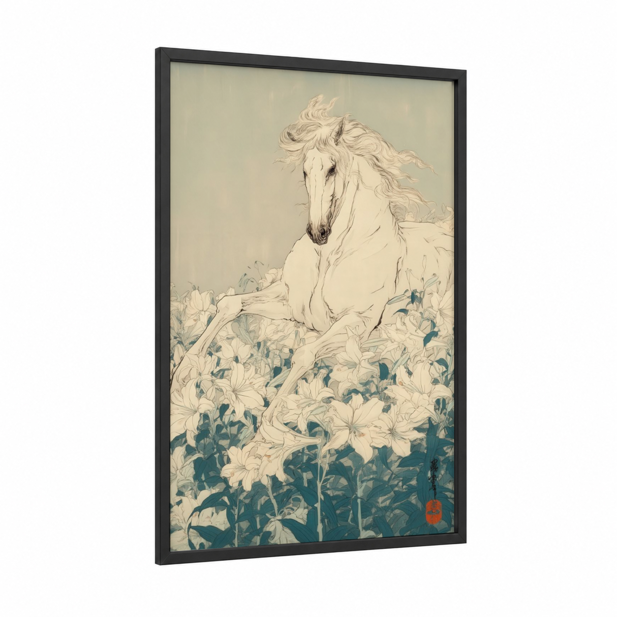 Flowing Andalusian framed andalusian horse print — black wood frame — cream and teal palette