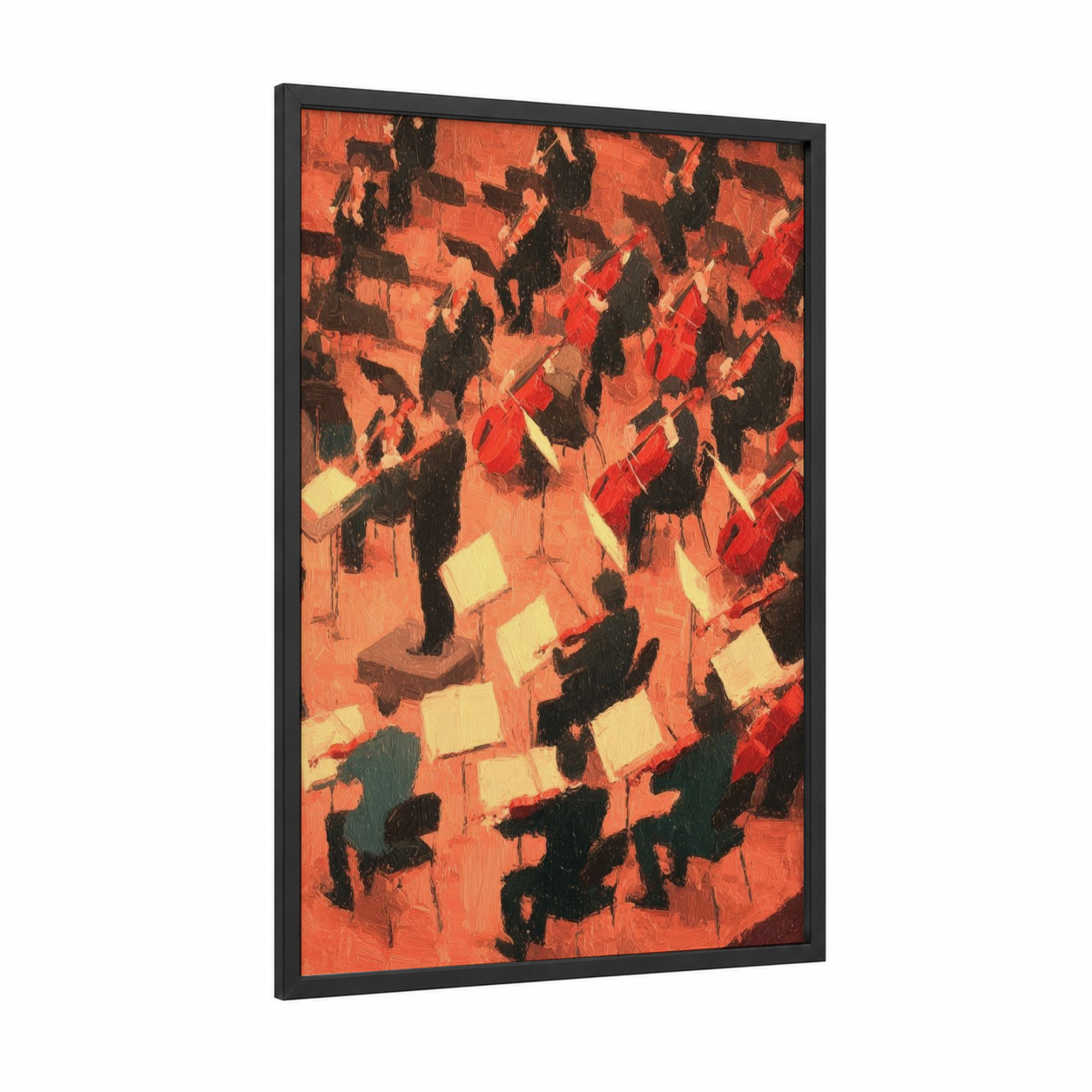 Crimson Orchestra framed classical print — black wood frame — red and orange palette