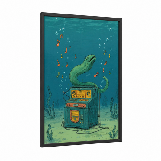 Musical Eels framed art print — black wood frame — teal and yellow gold palette