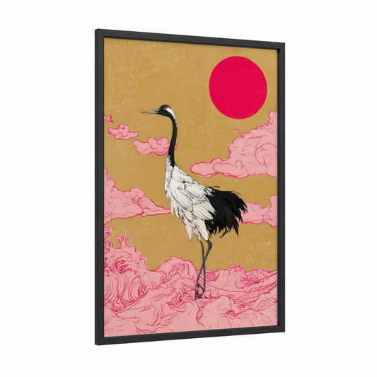 Crimson Sunrise Crane framed art print — black wood frame — gold and magenta palette