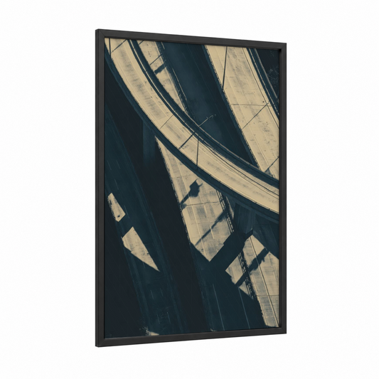 Aerial Highway Interchange framed road and highways print — black wood frame — black and white and gray palette