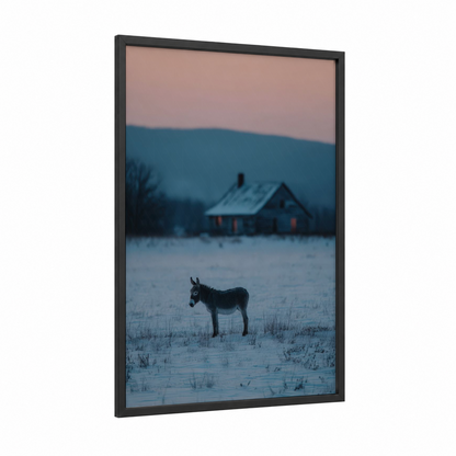 Snowy Mule framed art print — black wood frame — dark blue and dove gray palette