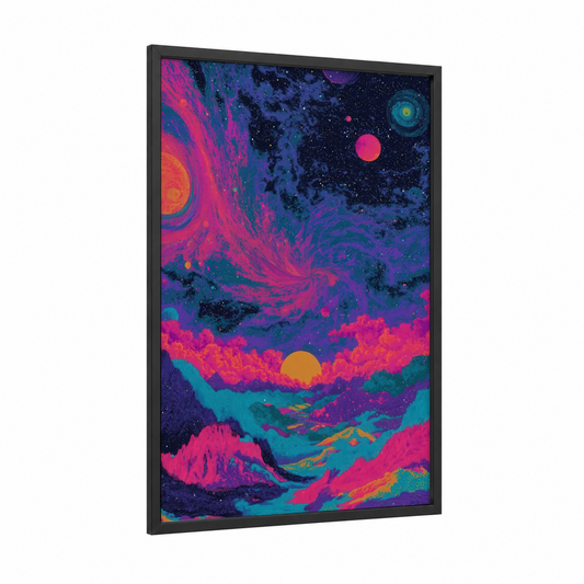 Cosmic Dreamscape framed space print — black wood frame — magenta and blue palette