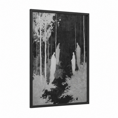Forest Spirits framed ghost print — black wood frame — black and white and gray palette