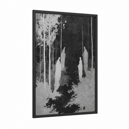 Forest Spirits framed ghost print — black wood frame — black and white and gray palette
