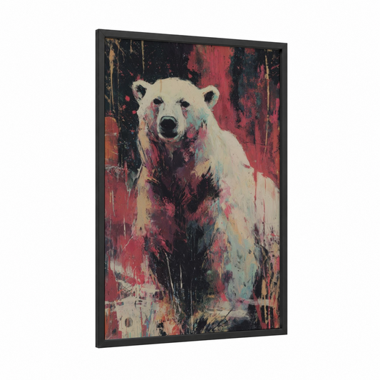 Arctic Wanderer framed polar bear print — black wood frame — maroon and cream palette