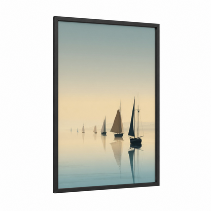 Serene Sailboats framed sailing ship print — black wood frame — bermuda gray and cream palette