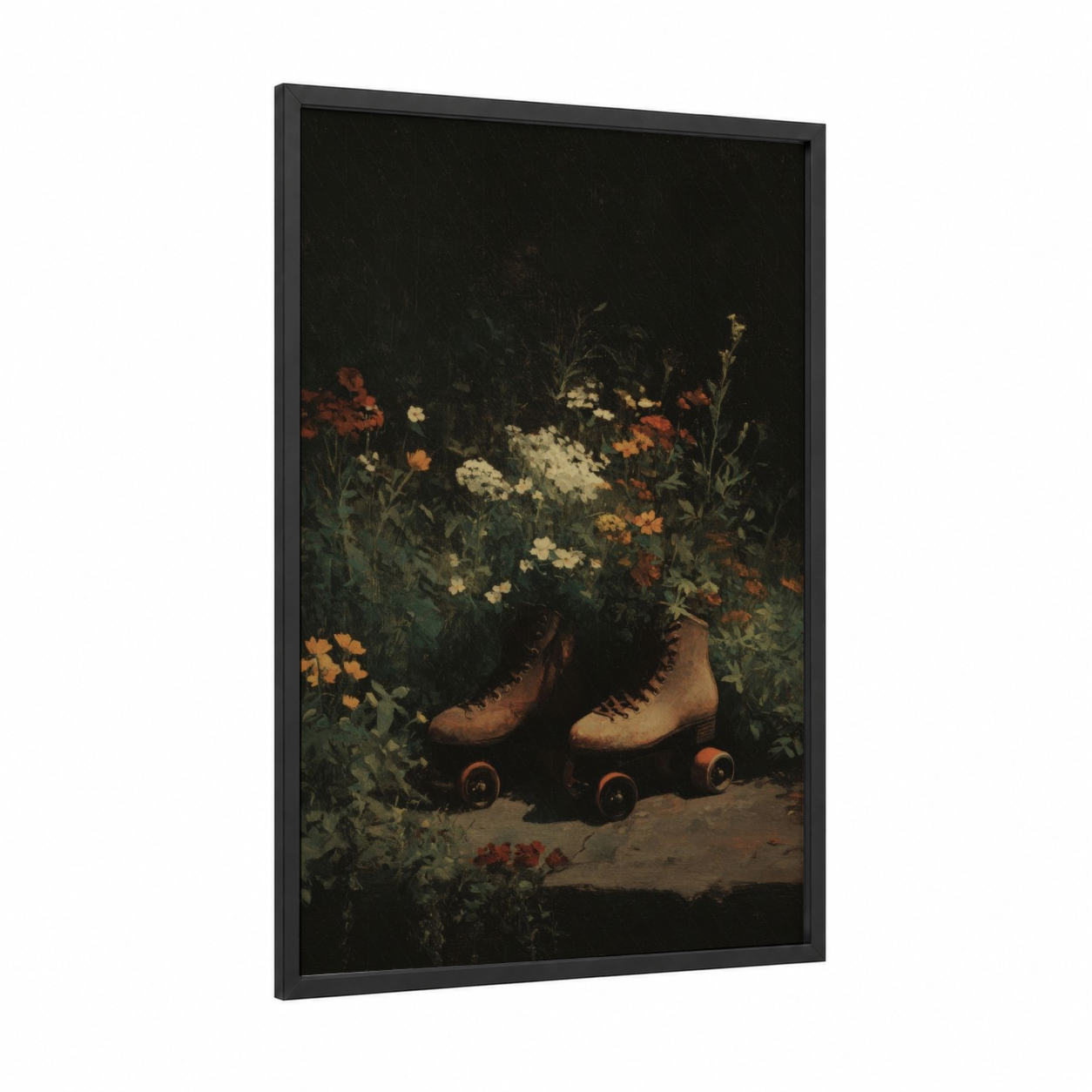 Blooming Roller Skates framed roller skating print — black wood frame — orange and black palette