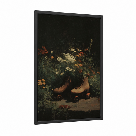 Blooming Roller Skates framed roller skating print — black wood frame — orange and black palette