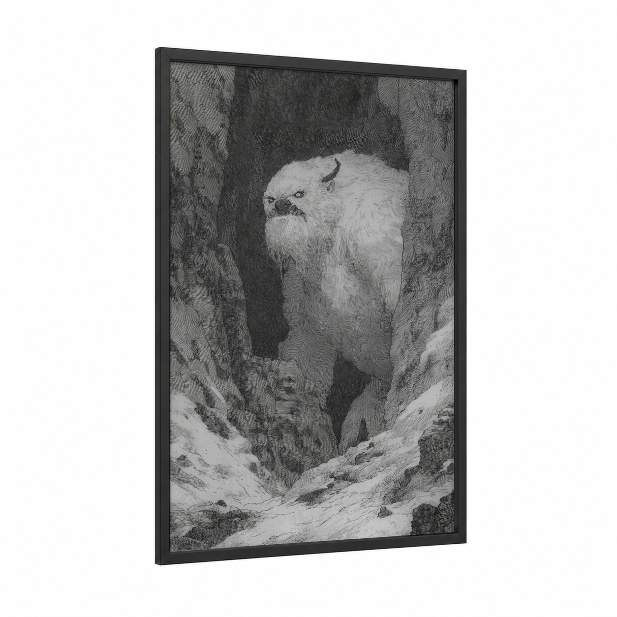 Canyon Guardian Yeti framed art print — black wood frame — black and white and gray palette
