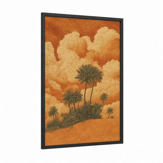 Golden Oasis framed art print — black wood frame — yellow gold and orange palette