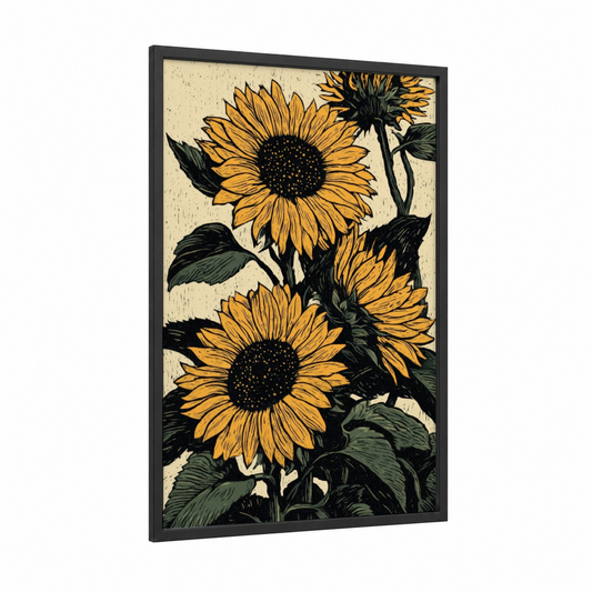 Golden Sunflower Trio framed sunflower field print — black wood frame — yellow gold and black palette