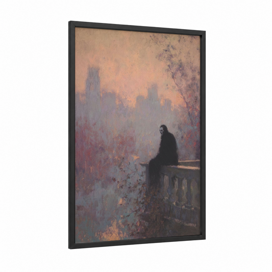 Solitary Vampire framed art print — black wood frame — peach and gray palette