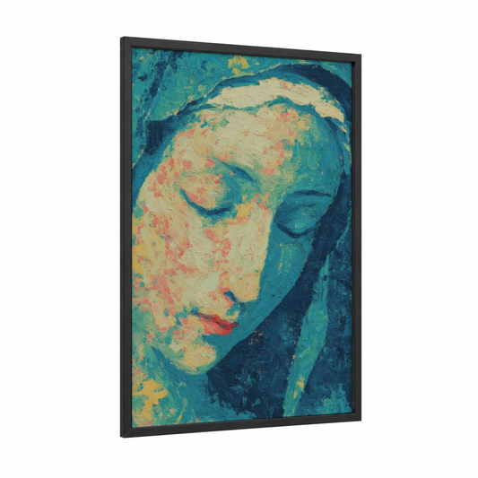 Serene Virgin Mary framed art print — black wood frame — teal and gold palette