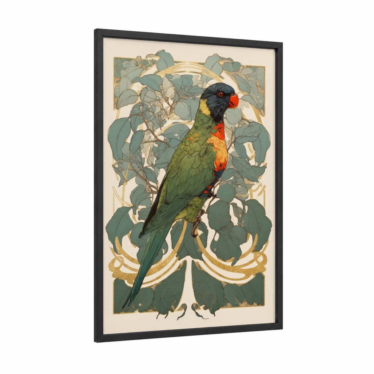 Emerald Lorikeet framed rainbow lorikeet print — black wood frame — green and gold palette