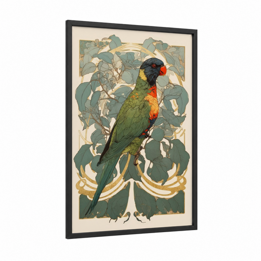 Emerald Lorikeet framed rainbow lorikeet print — black wood frame — green and gold palette