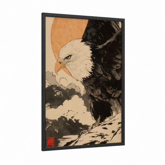 Majestic Eagle framed art print — black wood frame — black and white and champagne gold palette