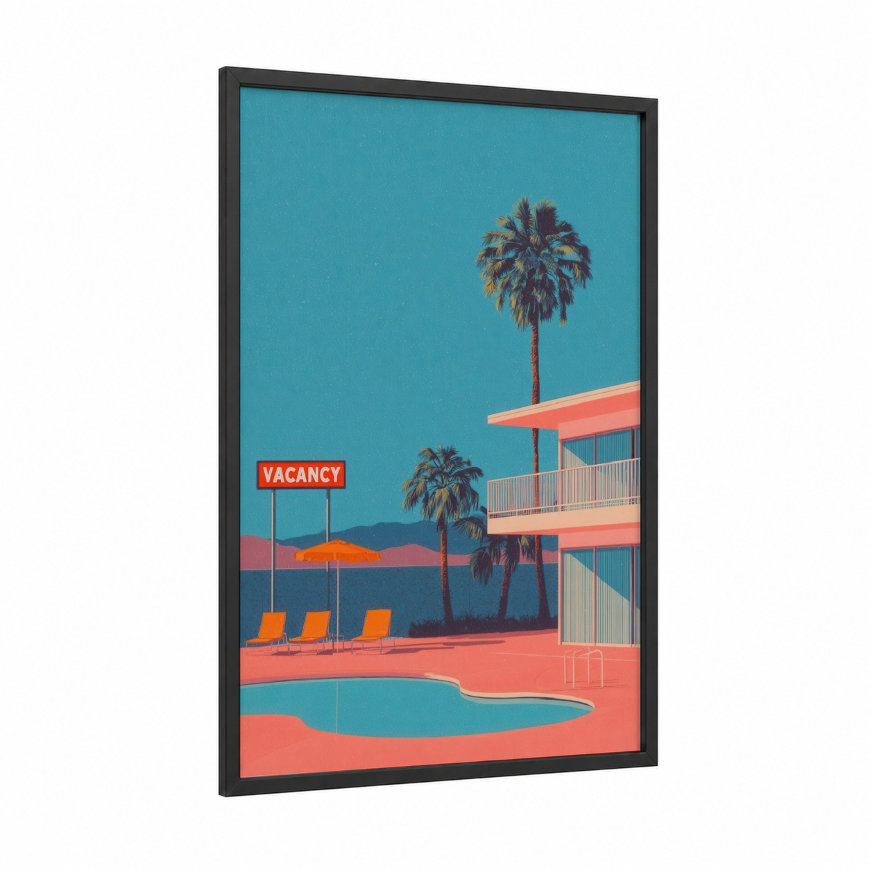 Turquoise Motel Dreams framed hotel print — black wood frame — teal and salmon pink palette