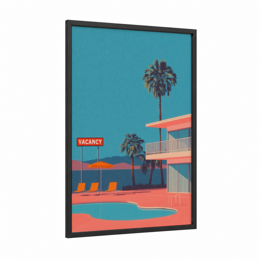 Turquoise Motel Dreams framed hotel print — black wood frame — teal and salmon pink palette