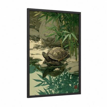 Bamboo Turtle framed art print — black wood frame — green and cream palette