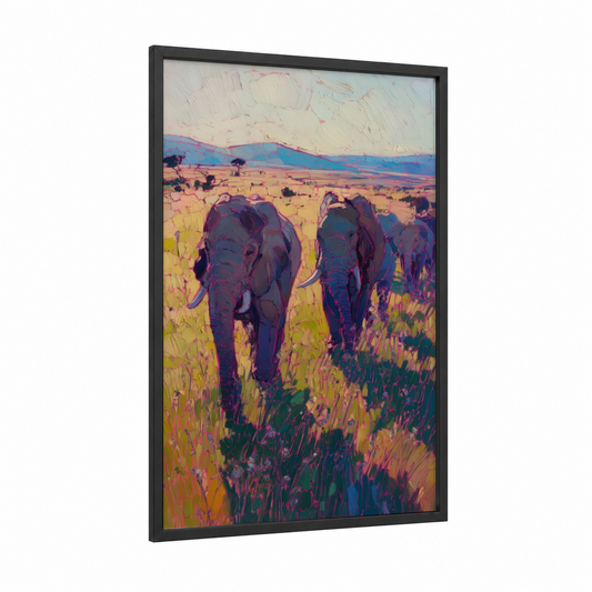 Savanna Elephants Stride framed art print — black wood frame — gold and purple palette