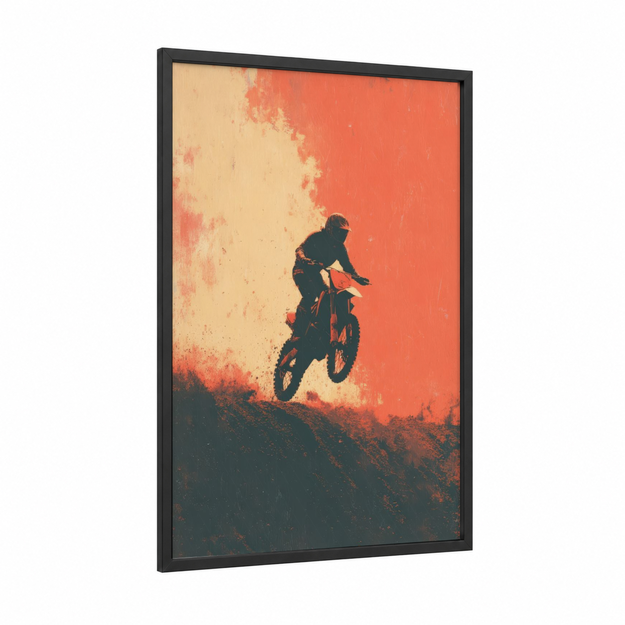 Sunset Motocross framed art print — black wood frame — orange and cream palette