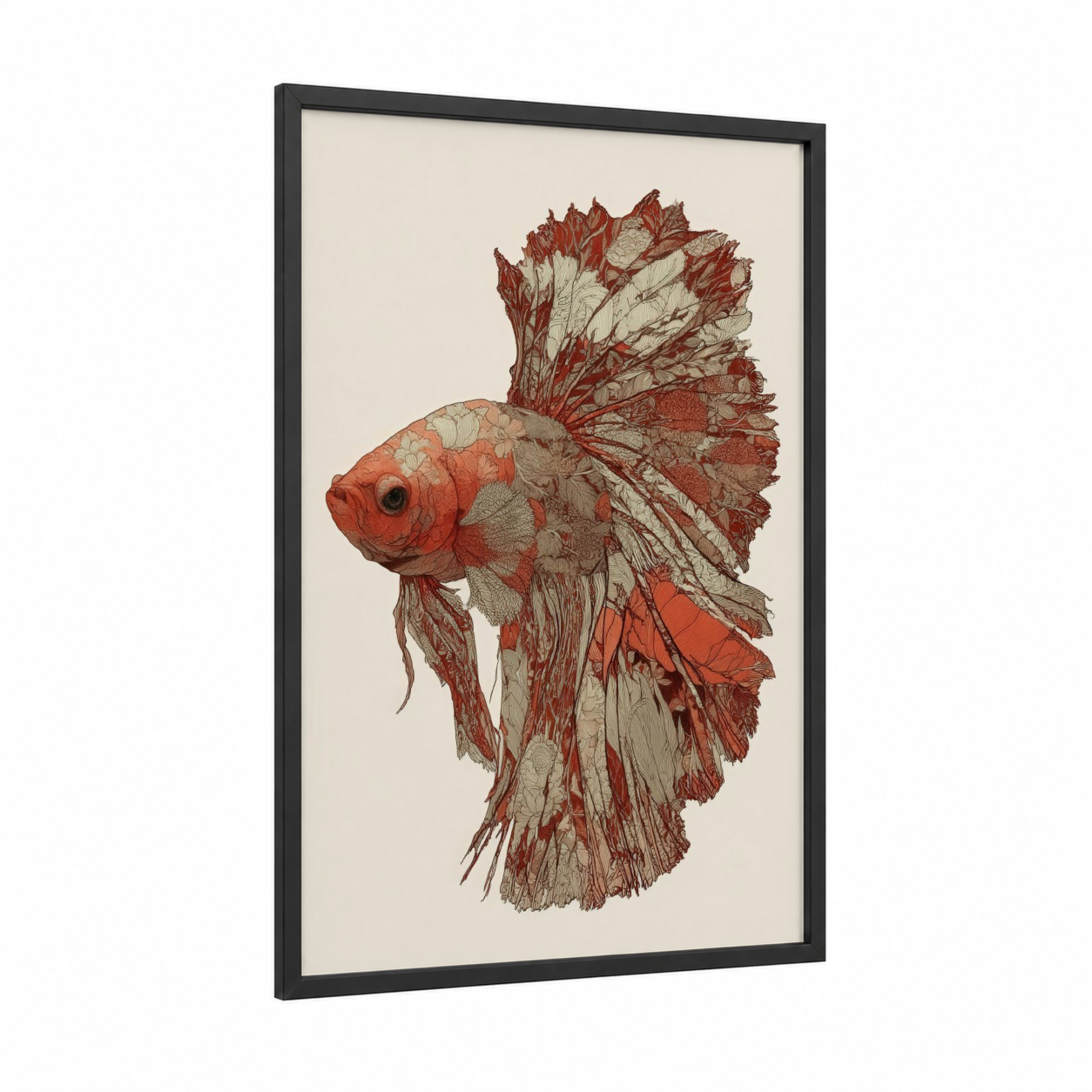 Crimson Betta Fish framed fighting fish print — black wood frame — red and cream palette