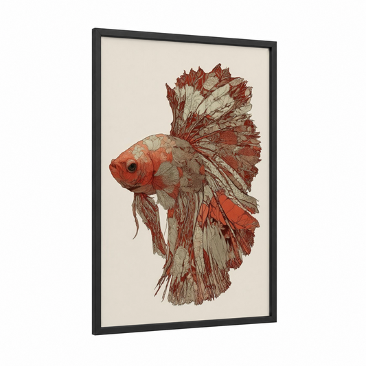 Crimson Betta Fish framed fighting fish print — black wood frame — red and cream palette