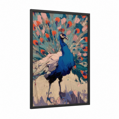 Royal Peacock Display framed art print — black wood frame — blue and orange palette