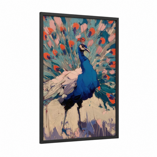 Royal Peacock Display framed art print — black wood frame — blue and orange palette
