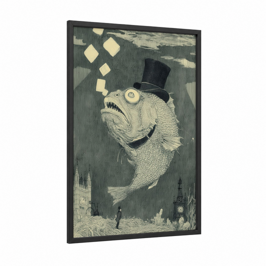 Gentleman Dragon Fish framed art print — black wood frame — gray and black and white palette