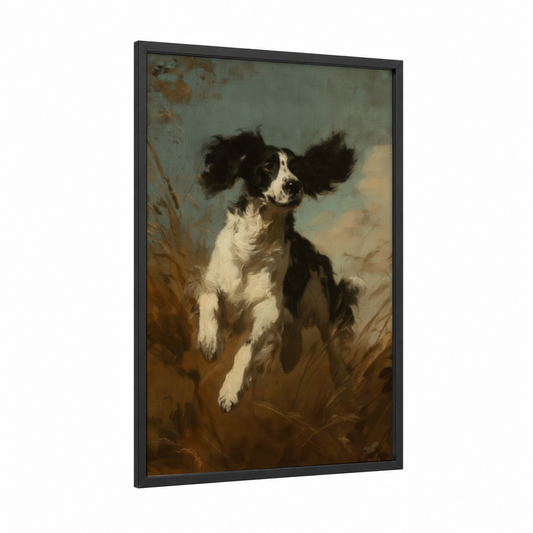 Joyful Spaniel framed art print — black wood frame — blue and gold and brown palette