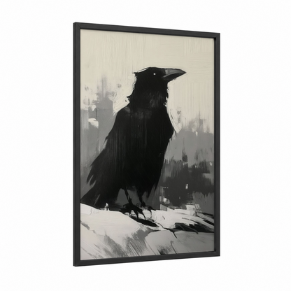 Solitary Raven framed crows and ravens print — black wood frame — black and white and gray palette