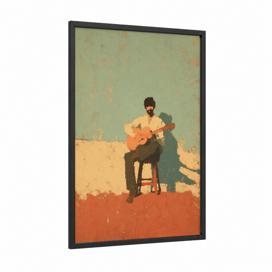 Solitary Guitarist framed musician print — black wood frame — light green and russet palette