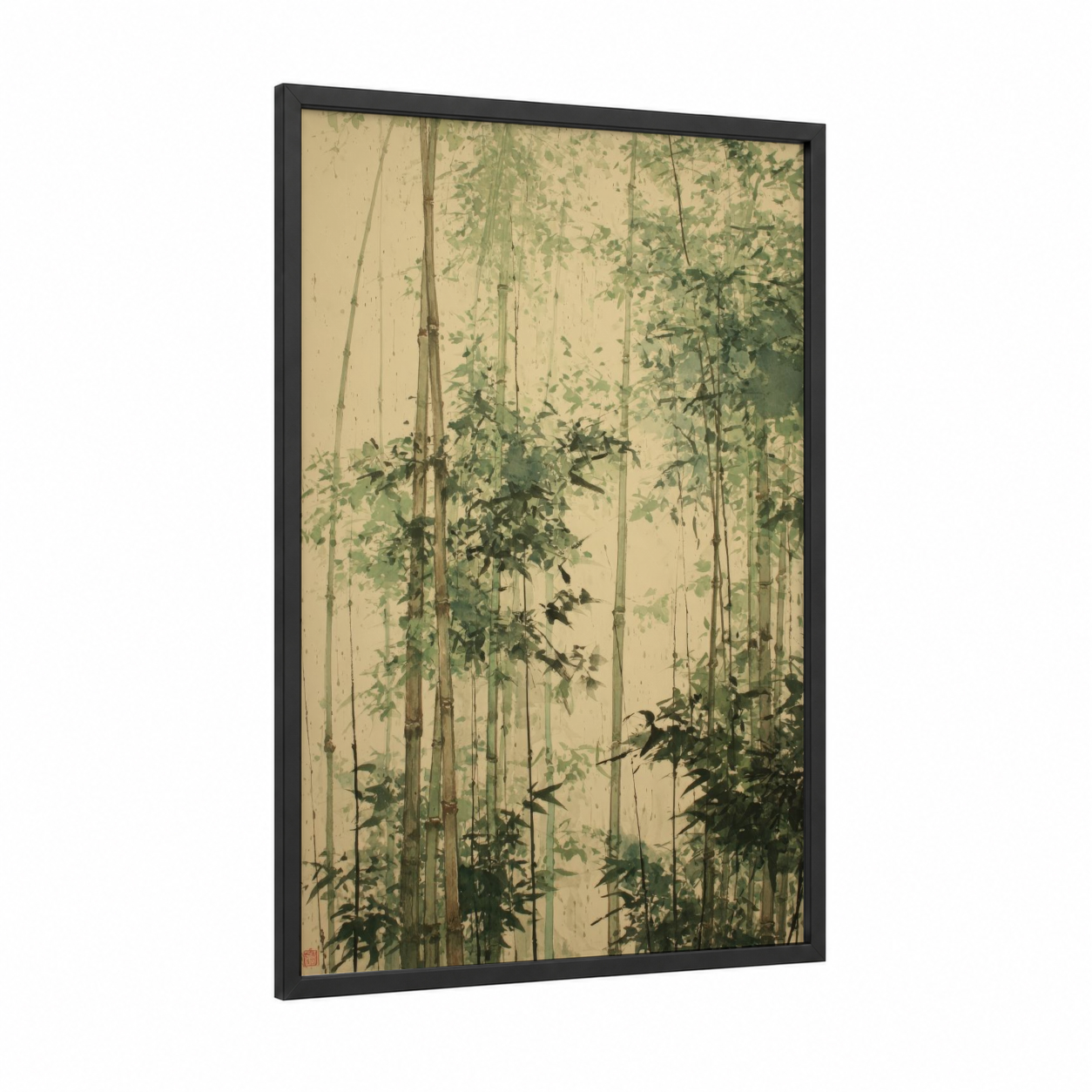 Misty Bamboo Forest framed bamboo jungle print — black wood frame — beige and sage green palette