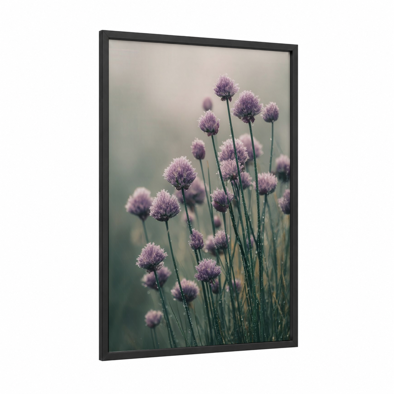 Dewy Chives framed herbs print — black wood frame — lavender and sage green palette
