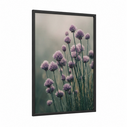 Dewy Chives framed herbs print — black wood frame — lavender and sage green palette