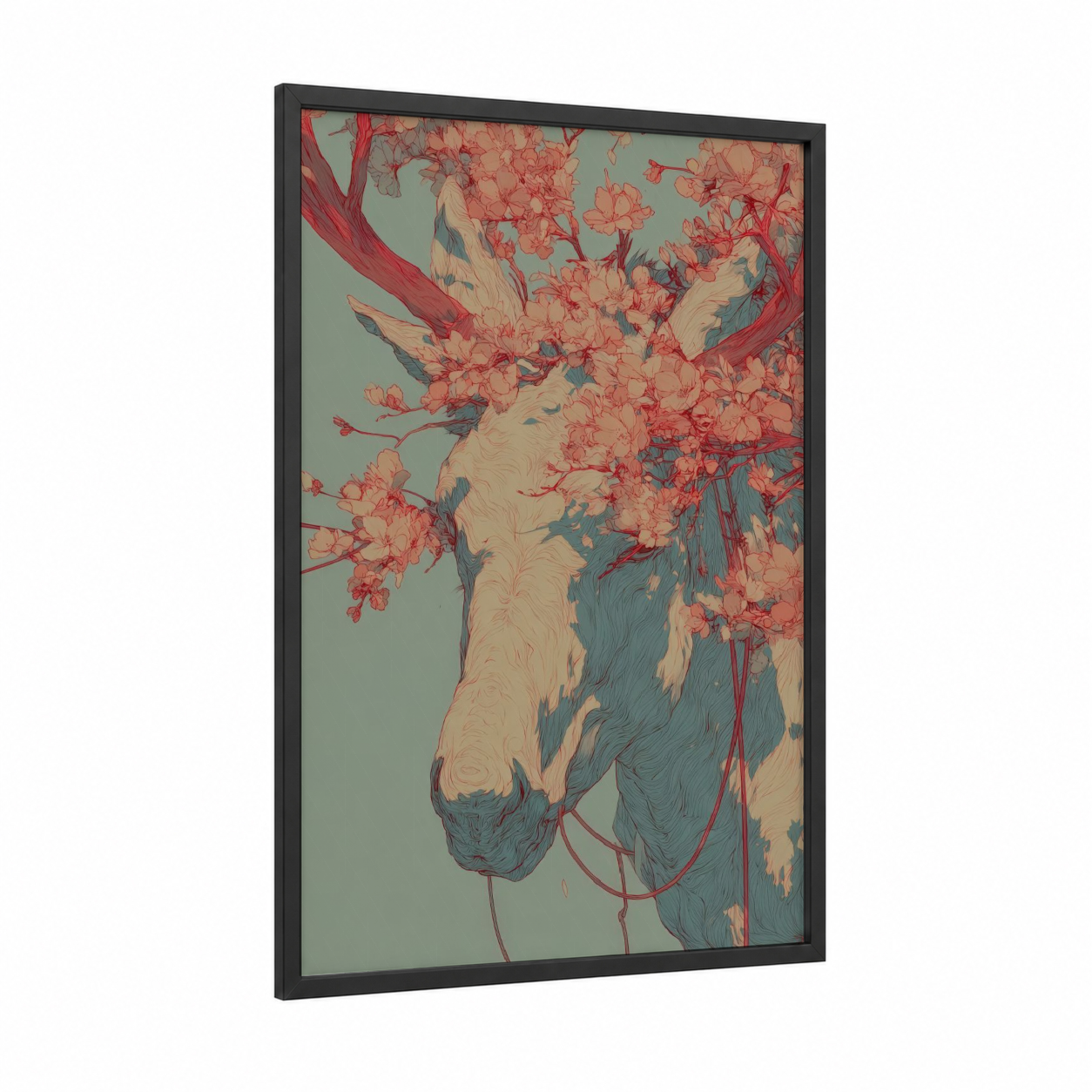 Cherry Blossom Mule framed art print — black wood frame — salmon pink and sage green palette