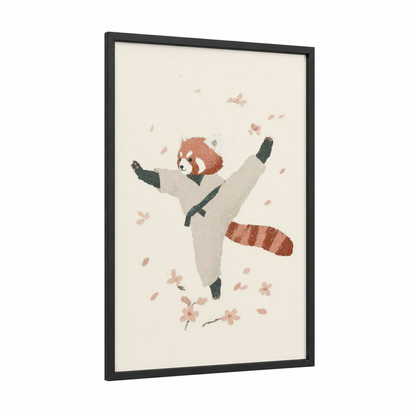 Playful Red Panda framed taekwondo print — black wood frame — cream and russet palette