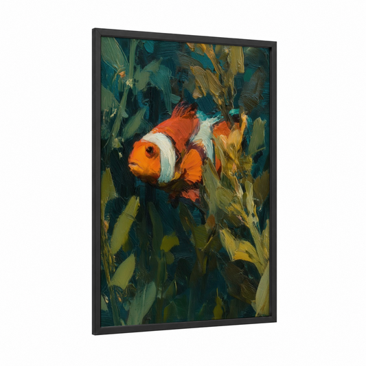 Clownfish Abstract framed clown fish print — black wood frame — orange and teal palette