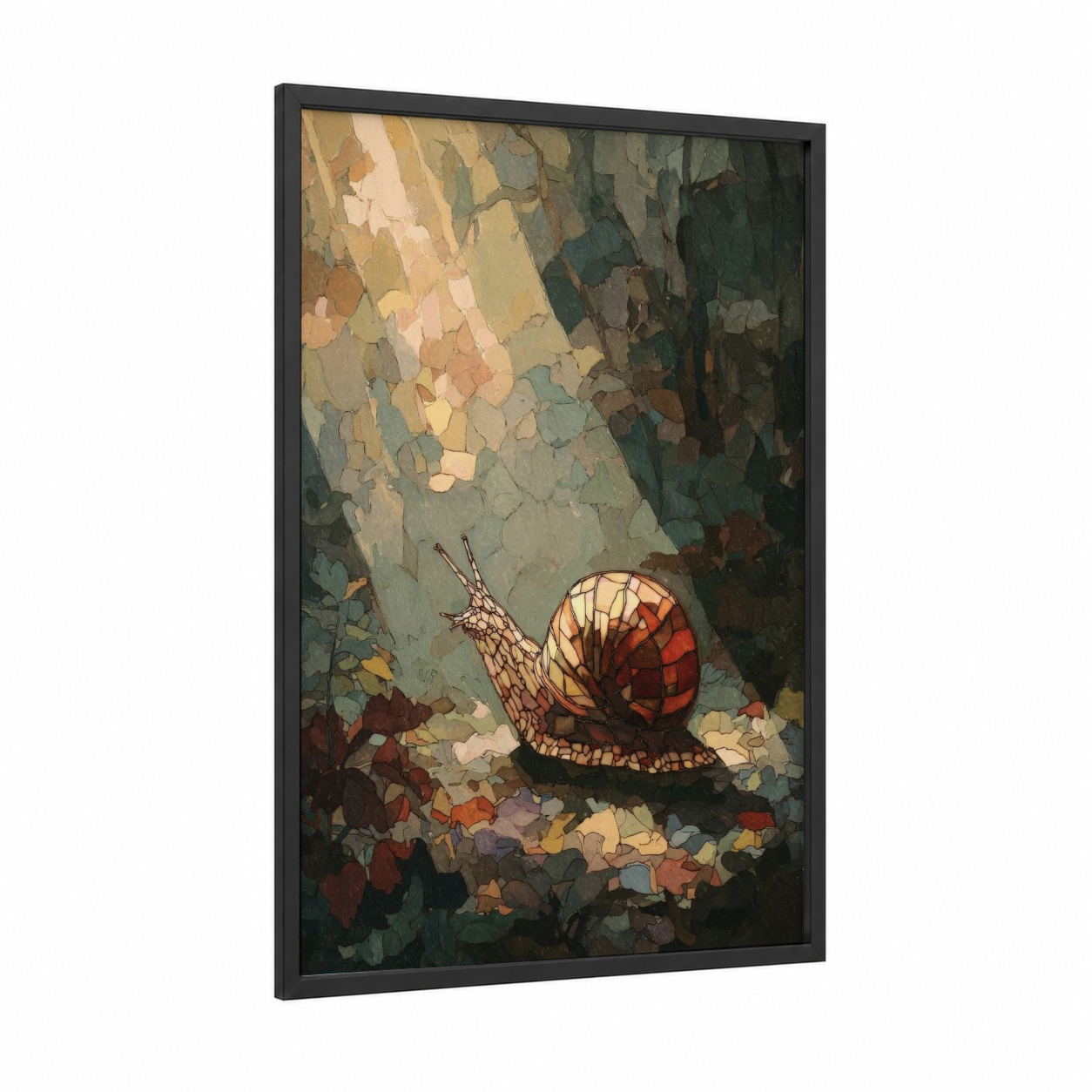 Autumn Snail framed art print — black wood frame — gold and sage green palette