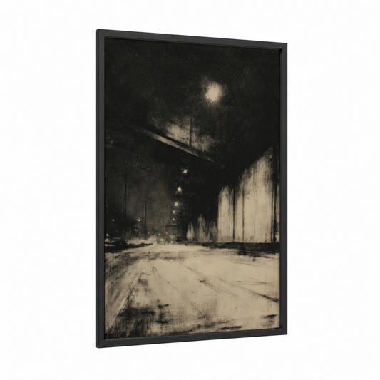 Moonlit Intersection framed road and highways print — black wood frame — black and white and nobel palette