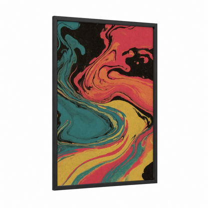 Vibrant Liquid Flow framed abstract expressionism print — black wood frame — blue and gold and red palette