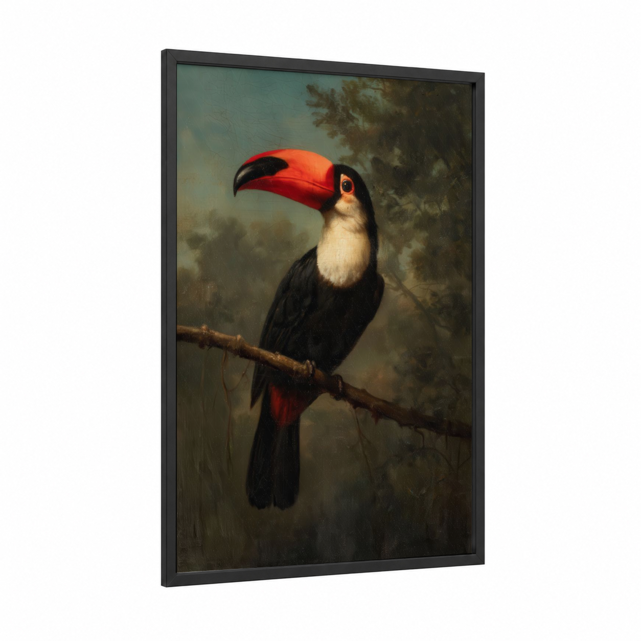 Crimson Toucan framed art print — black wood frame — red and black palette