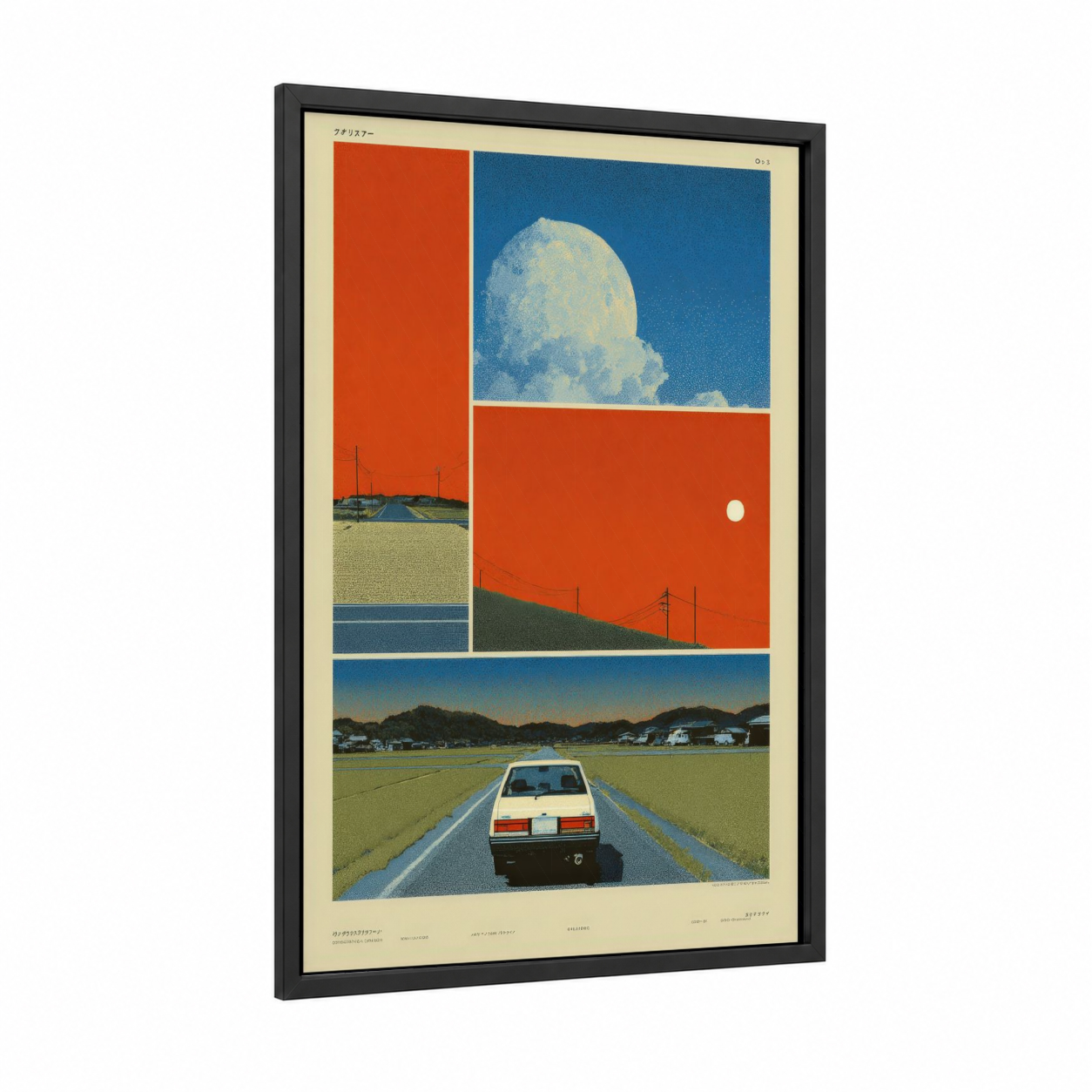 Retro Highway Drive framed japanese y2k print — black wood frame — red and blue palette