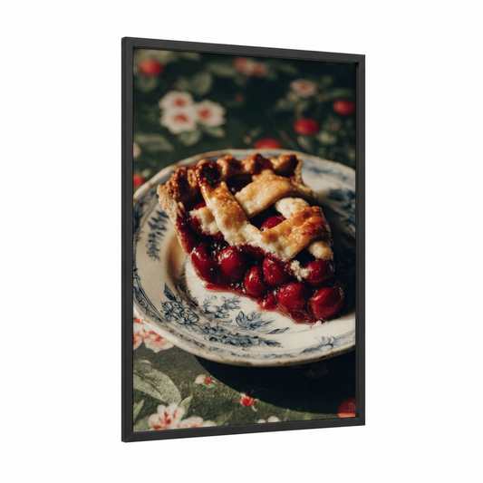 Cherry Pie Slice framed sweet print — black wood frame — red and cream palette